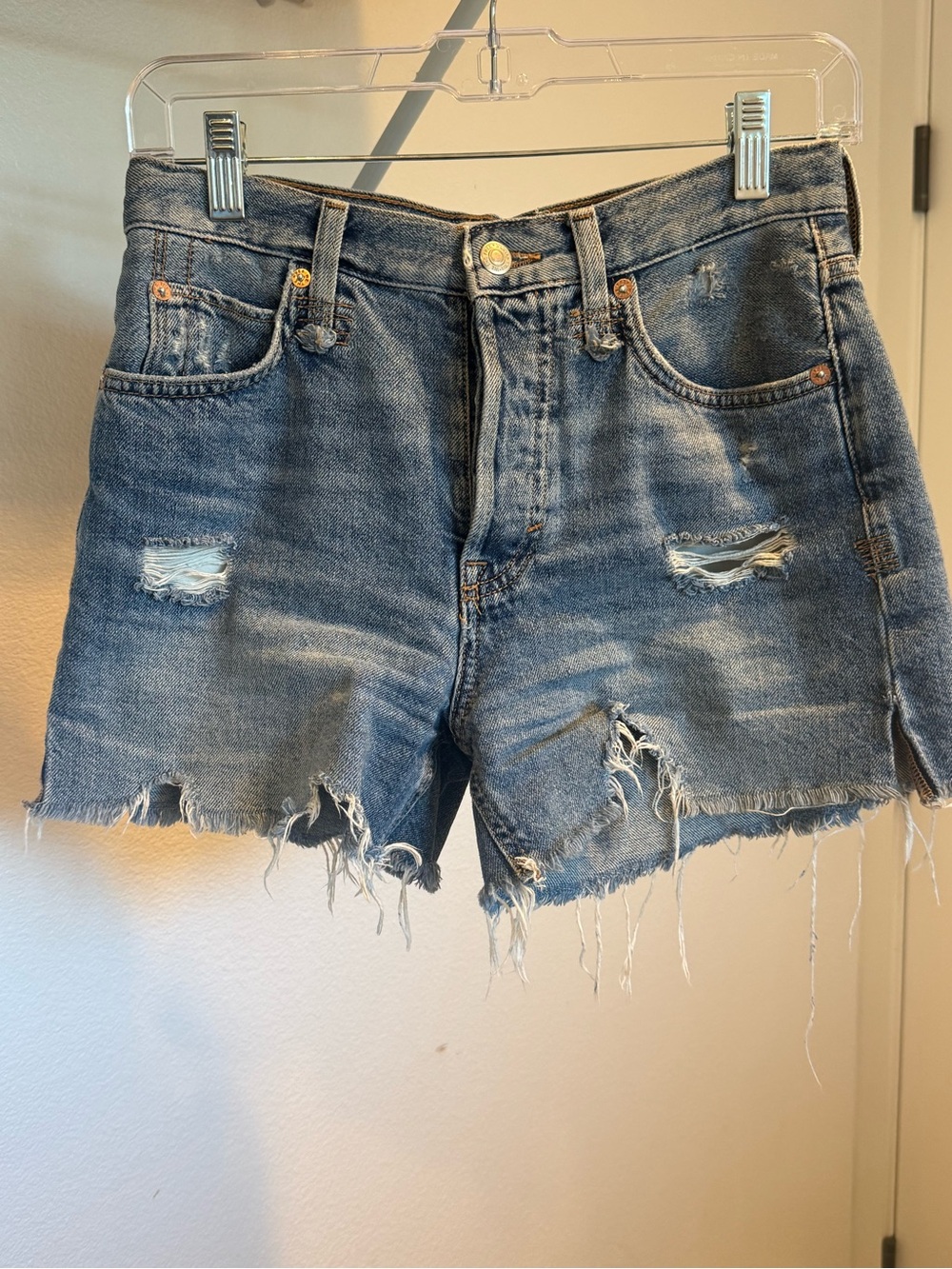 Free People Frayed High-Rise Distressed Denim Shorts - Blue Wash